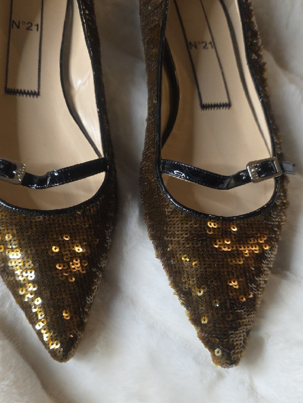 Women's Brown Sequin Pointed Flats with Buckle Strap - Picture 5 of 9